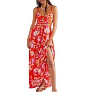Free People Wisteria Tropical Resort Open Back Maxi Dress Orange/Red, Large. NWT